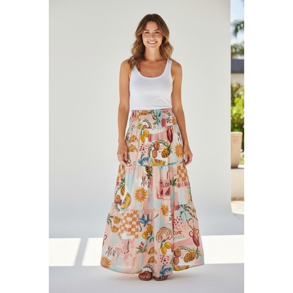 Paper Heart Size Medium Linen Blend Tropical Print Smocked Waist Maxi Skirt